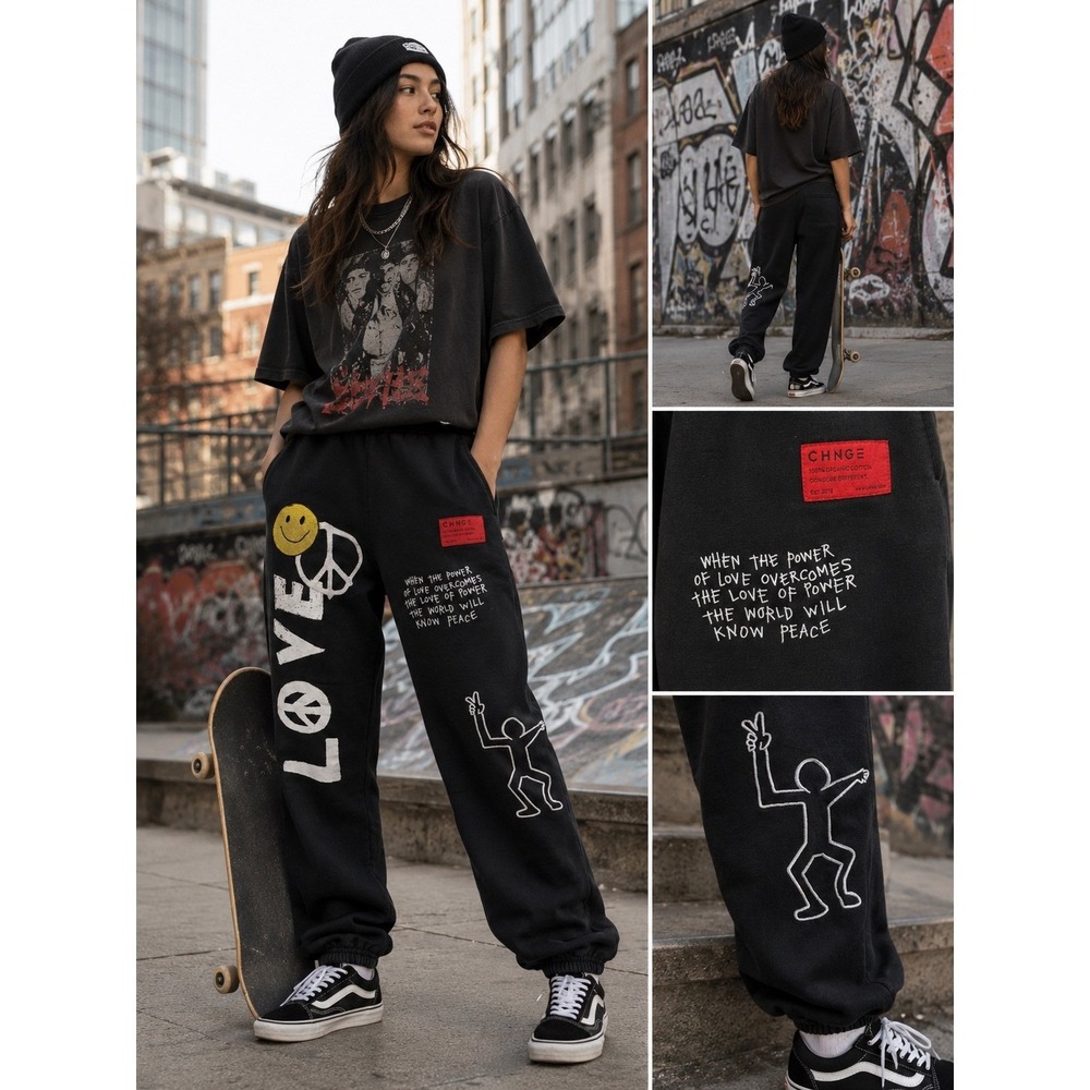 CHNGE‎ Organic Cotton Love Peace Graphic Sweatpants Black XS High Rise Joggers